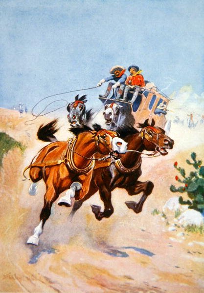 Dyliżans ścigany przez Indian (kolor lito) autorstwa Stanley L. Wood