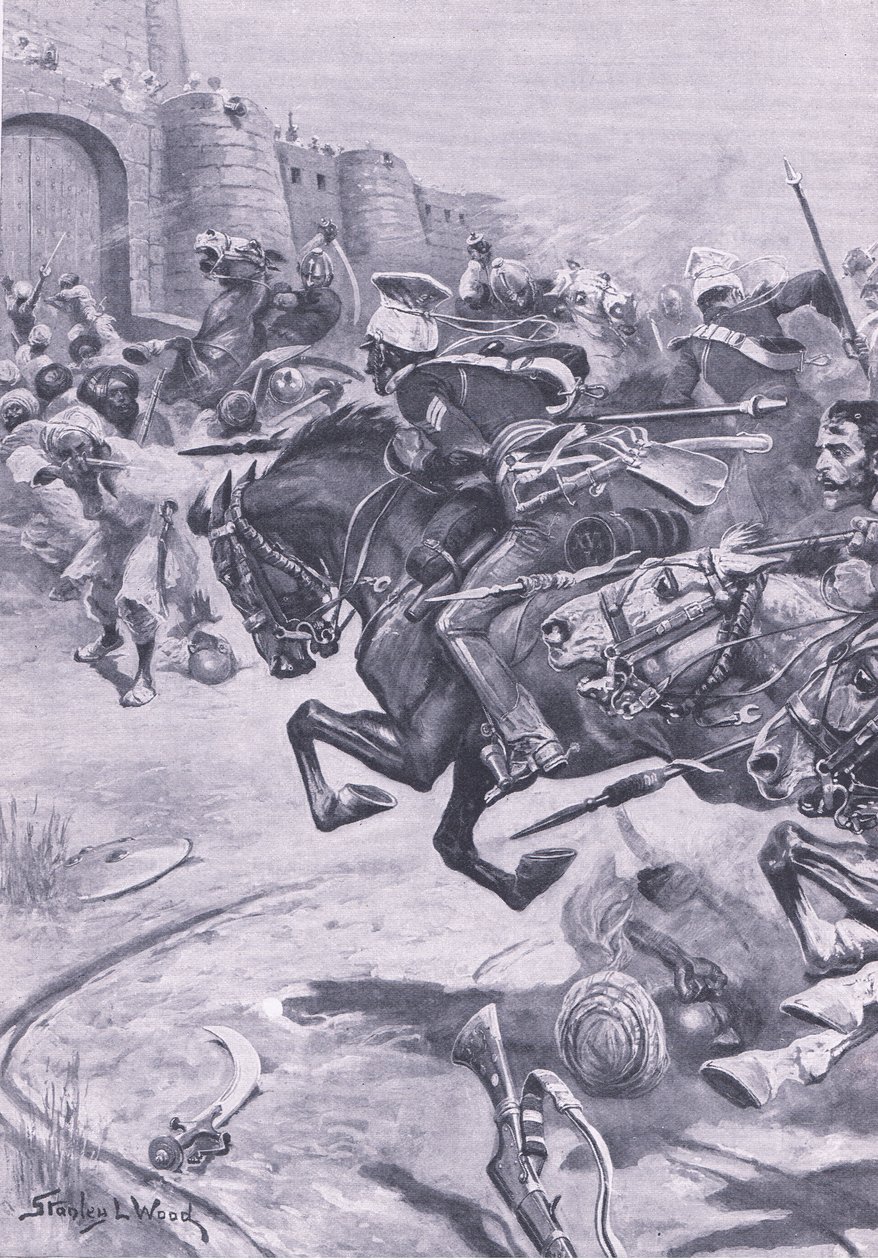 16. Pułk Ułanów i Skórników, wjeżdżający Jats do Bharatpur; grudzień 1825, ilustracja z brytyjskich bitew na lądzie i morzu, 1915 autorstwa Stanley L. Wood
