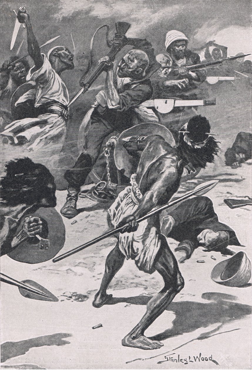 Bitwa pod Abu-Klea, 17 stycznia 1885, ilustracja z brytyjskich bitew na lądzie i morzu, 1915 autorstwa Stanley L. Wood