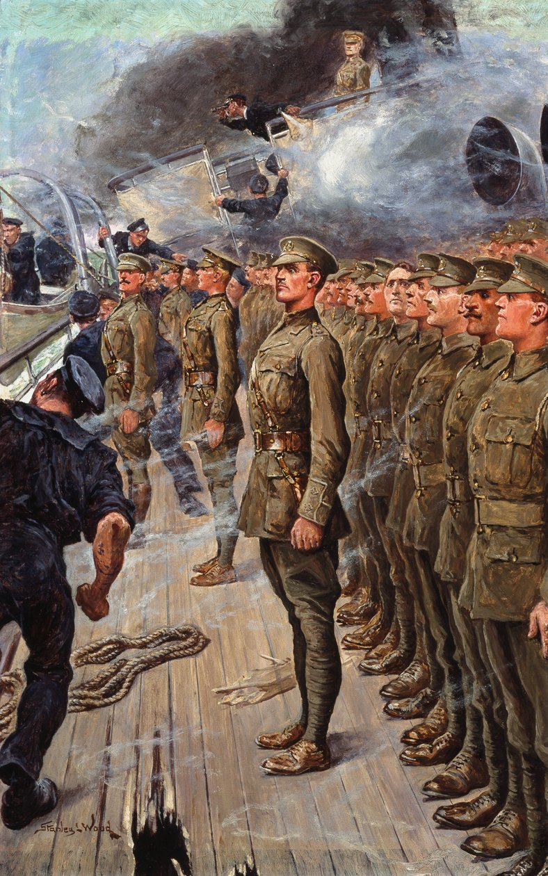 Ewakuacja okrętu SS „Tyndareus”, 6 lutego 1917 (olej na pokładzie) autorstwa Stanley L. Wood