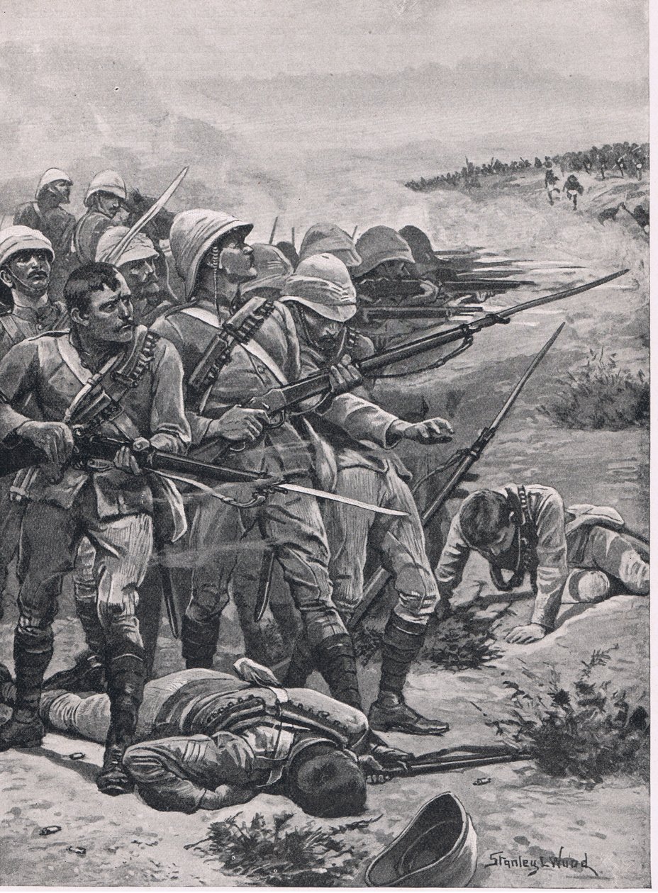 Plac w ABU-Kru, 19 stycznia 1885, ilustracja z brytyjskich bitew lądowych i morskich, 1915 autorstwa Stanley L. Wood