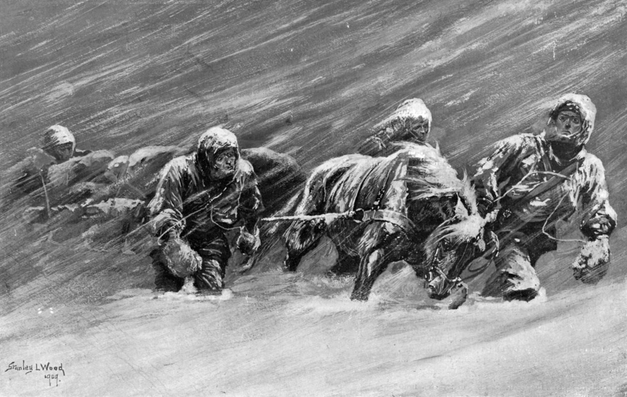 Trekking podczas śnieżycy, 1909 autorstwa Stanley L Wood