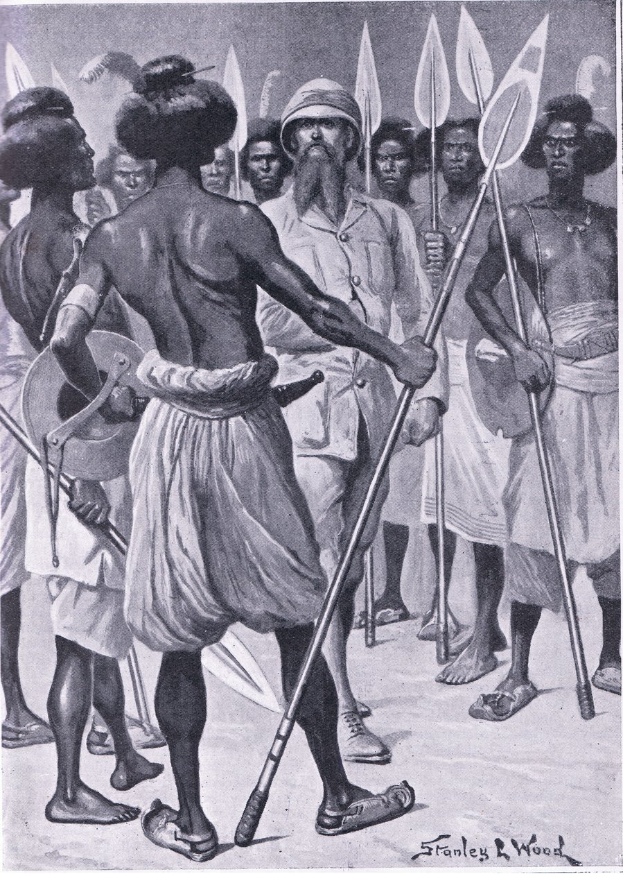 Typ wojownika, którego Burton spotkał w Somalilandzie, ilustracja z Cassells Romance of Famous Lives, c.1940 autorstwa Stanley L. Wood