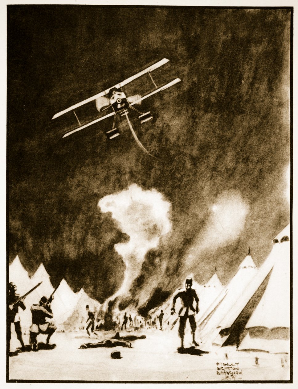 Bombardowanie Turków w Dardanelach, ilustracja z „Flying Memories” Johna Hamiltona autorstwa Stanley Orton Bradshaw