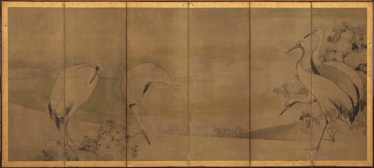 Żurawie i chryzantemy, okres Momoyama lub Edo, 1568-1868. autorstwa Sôtatsu