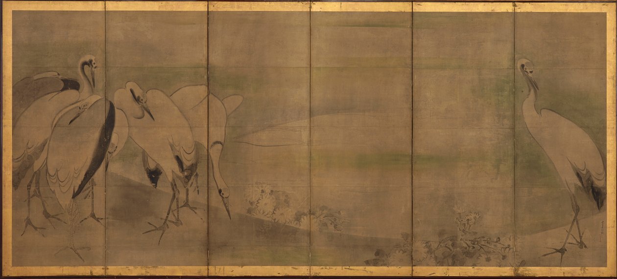Żurawie i chryzantemy, okres Momoyama lub Edo, 1568-1868. autorstwa Sôtatsu
