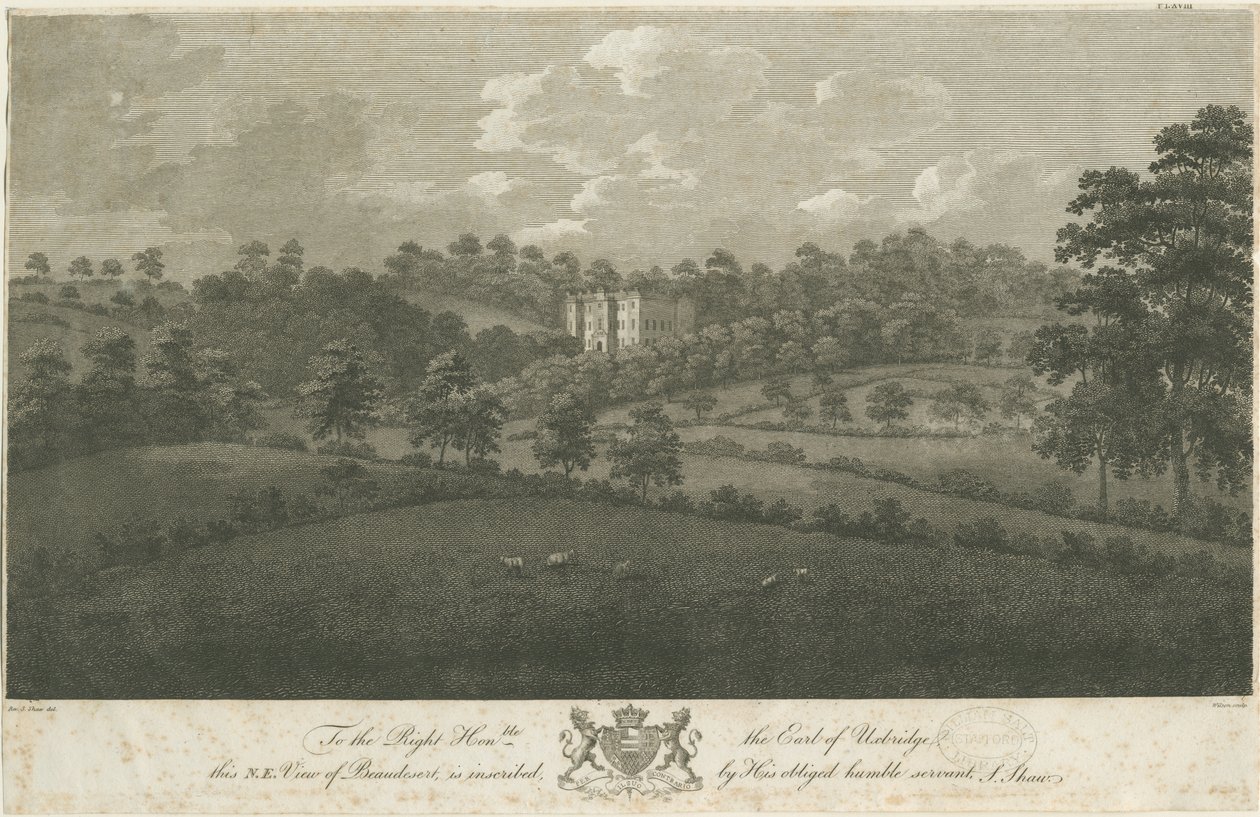 Beaudesert Hall and Park: staloryt, bd [1762-1802] (druk) autorstwa Stebbing Shaw