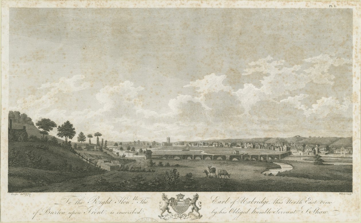 Burton-upon-Trent Bridge and Town: grawerowanie, 1779 autorstwa Stebbing Shaw