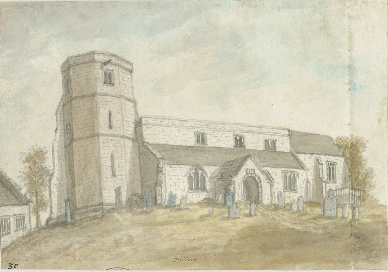 Kościół Dilhorne: malarstwo akwarelowe, bd [1762-1802] (malarstwo) autorstwa Stebbing Shaw