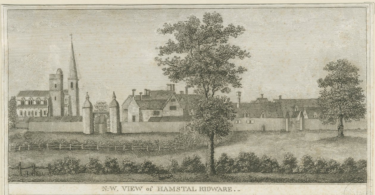 Hamstall Ridware - Kościół i Dwór: grawerowanie, bd [1762-1802] (druk) autorstwa Stebbing Shaw