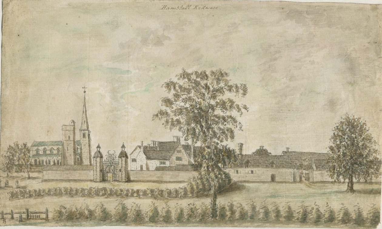 Hamstall Ridware - Kościół i Dwór: akwarela, bd [1762-1802] autorstwa Stebbing Shaw