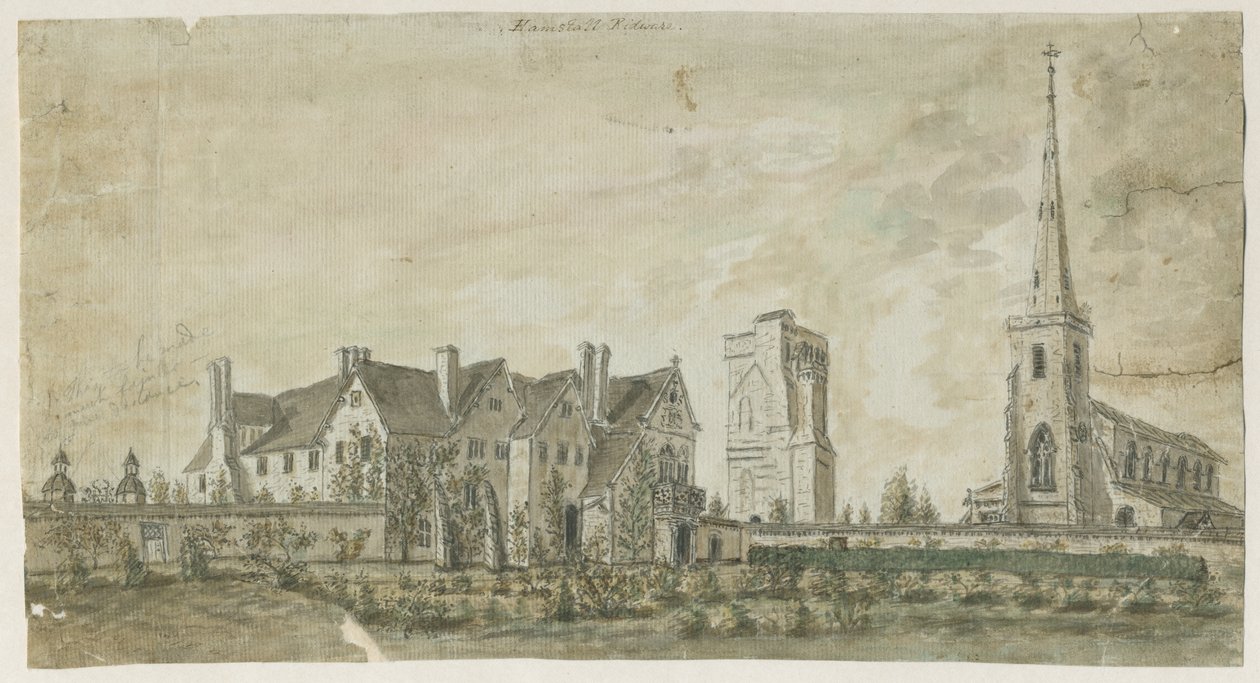 Hamstall Ridware - Kościół i Dwór: akwarela, bd [1762-1802] autorstwa Stebbing Shaw
