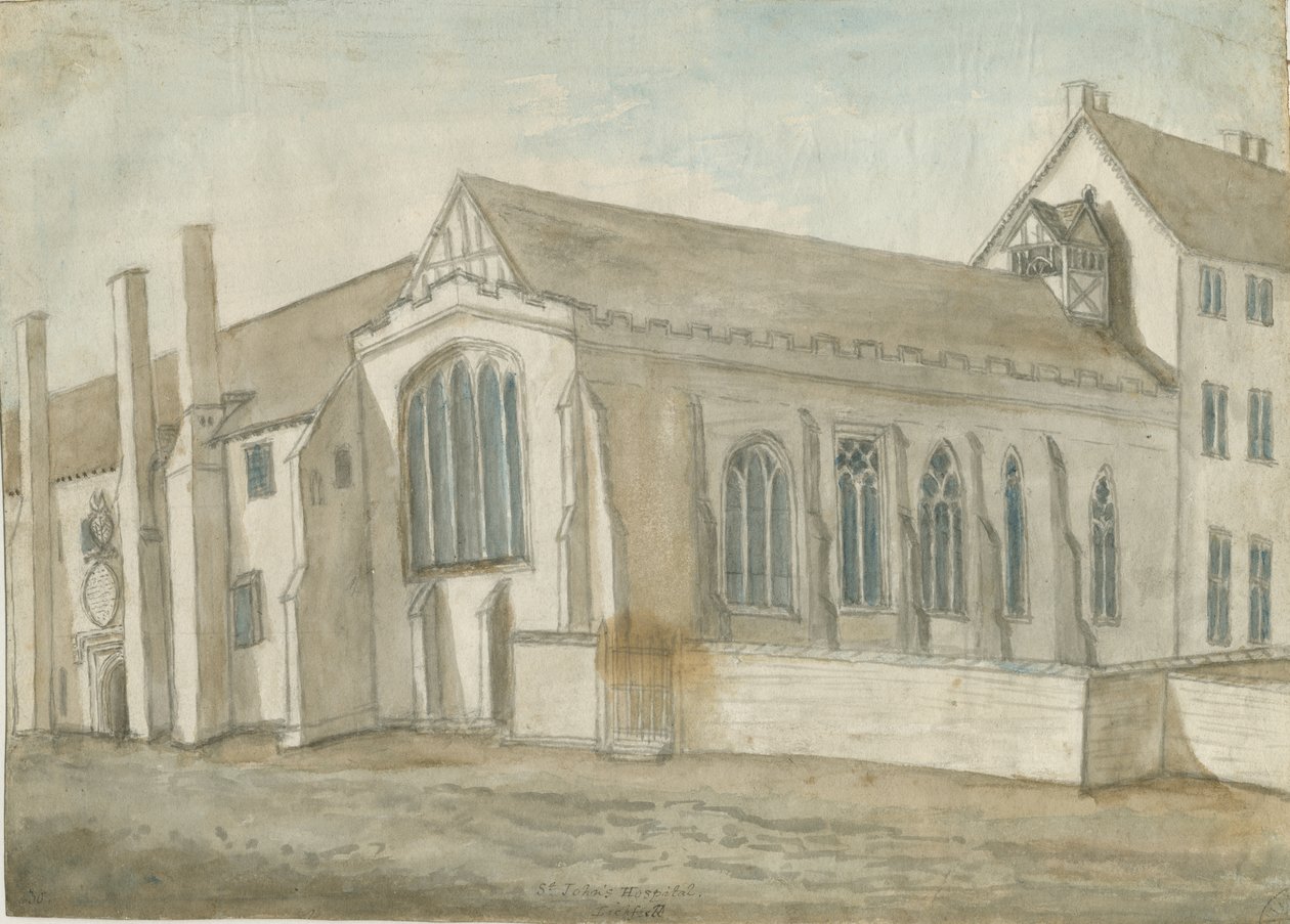 Lichfield - Szpital i Kaplica św. Jana: malarstwo akwarelowe, bd [1762-1802] (malarstwo) autorstwa Stebbing Shaw