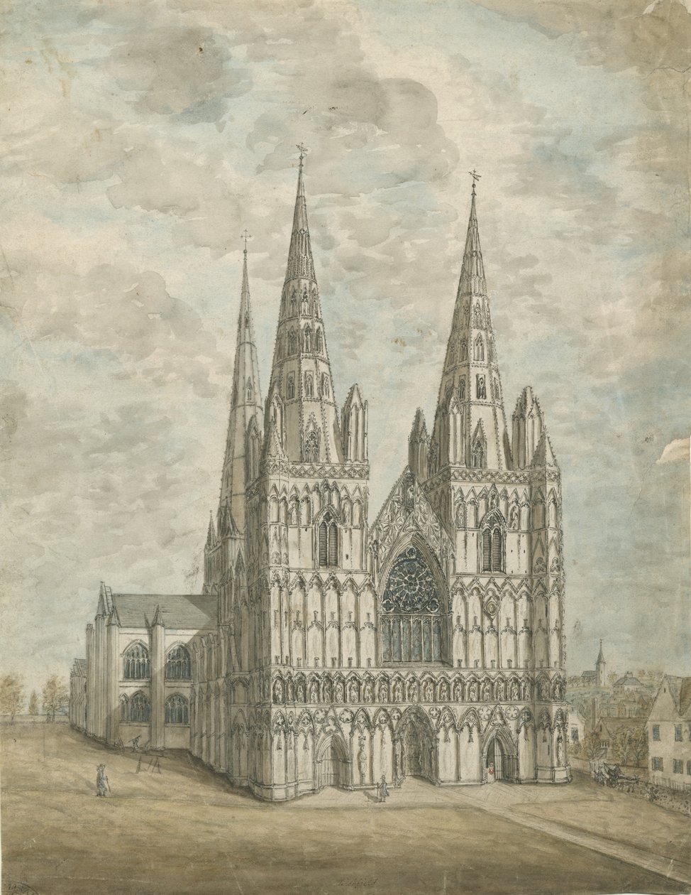 Katedra w Lichfield - Front Zachodni: malarstwo akwarela, bd [1762-1802] autorstwa Stebbing Shaw