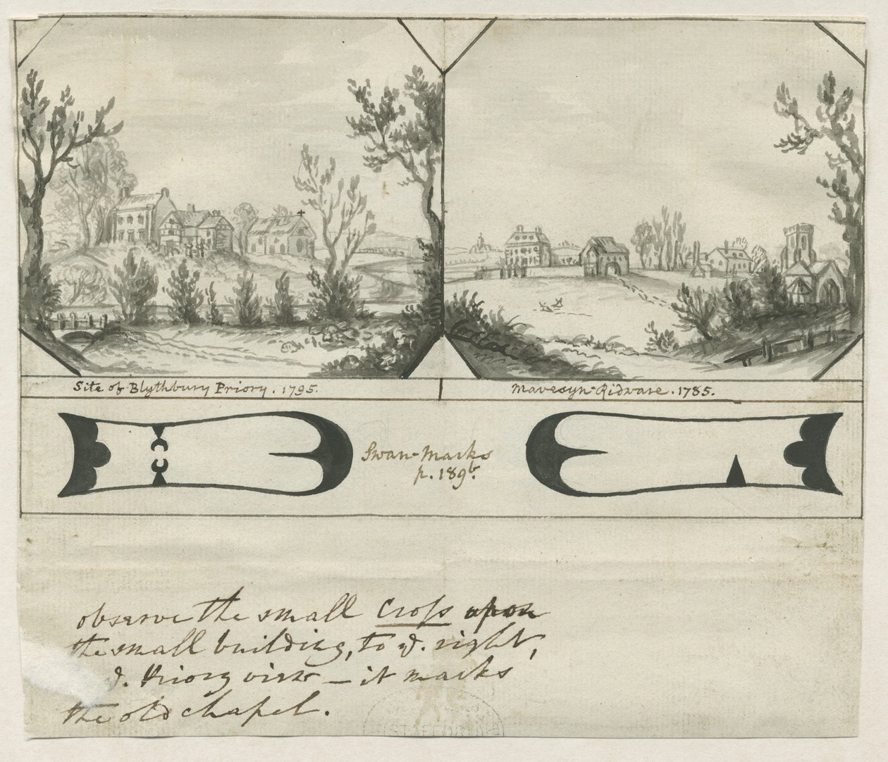 Mavesyn Ridware - Miejsce Blythbury Priory: indyjski rysunek tuszem, 1795 autorstwa Stebbing Shaw