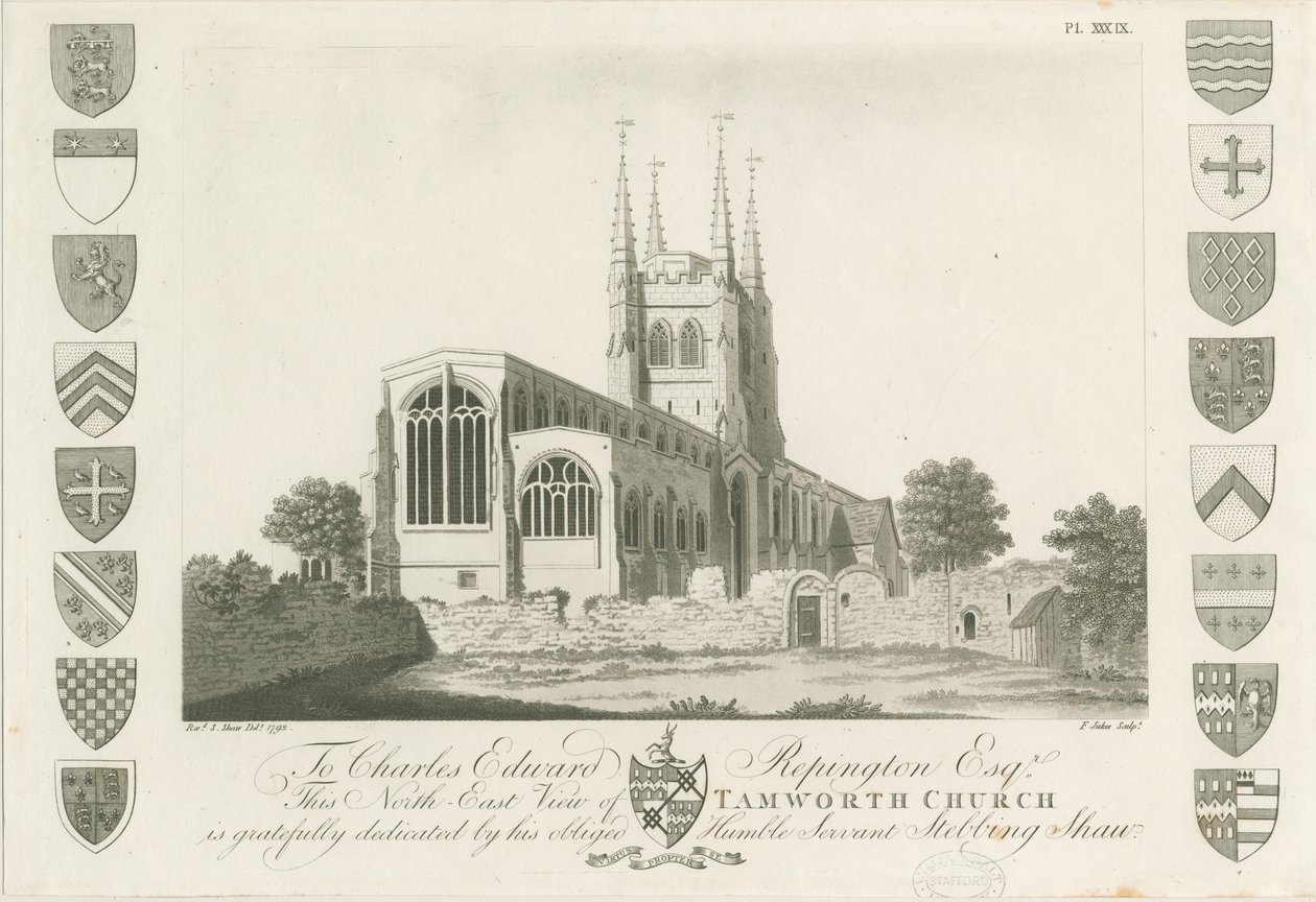Kościół Tamworth: grawerunek akwatinty, 1792 autorstwa Stebbing Shaw