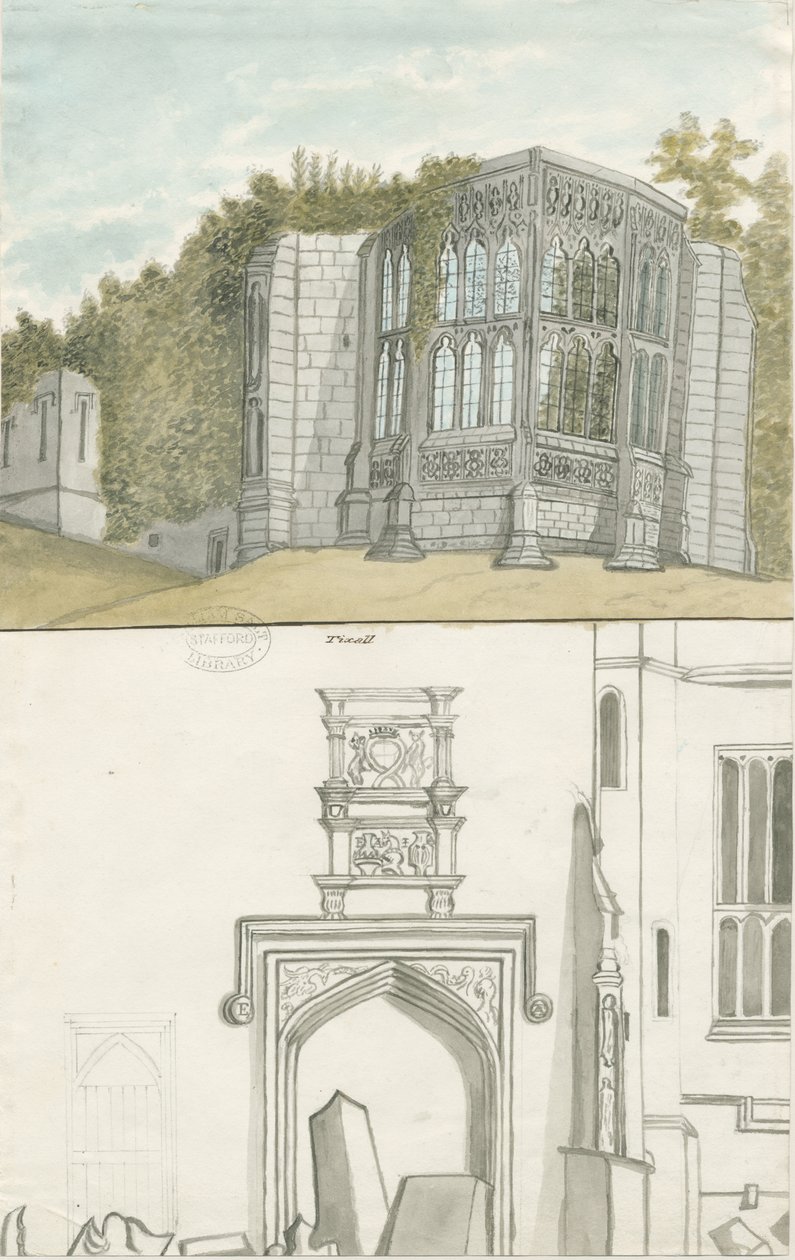 Tixall - Okno gotyckie i antyki heraldyczne: malarstwo akwarelowe, bd [1762-1802] (malarstwo) autorstwa Stebbing Shaw
