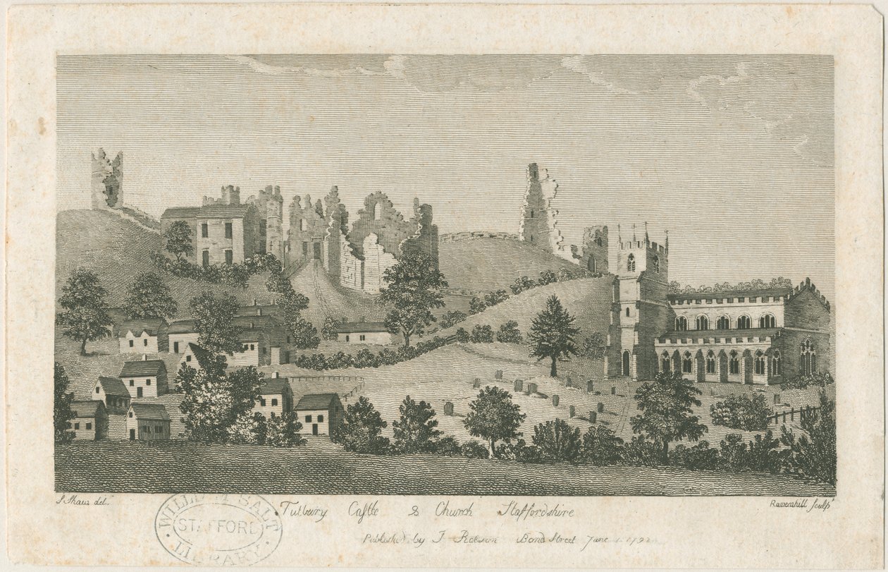 Zamek i kościół Tutbury - widok południowo-wschodni: grawerowanie, nd [1762-1792] (druk) autorstwa Stebbing Shaw
