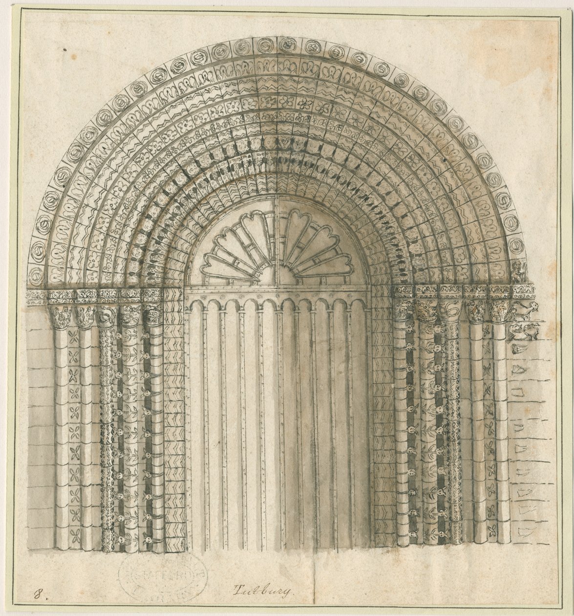 Tutbury Priory Church - Arch in West Door: rysunek piórem i sepia, nd [1762-1802] (druk) autorstwa Stebbing Shaw
