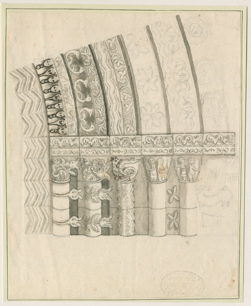 Tutbury Priory Church - West Doorway: rysunek piórem i sepia, nd [1762-1802] autorstwa Stebbing Shaw