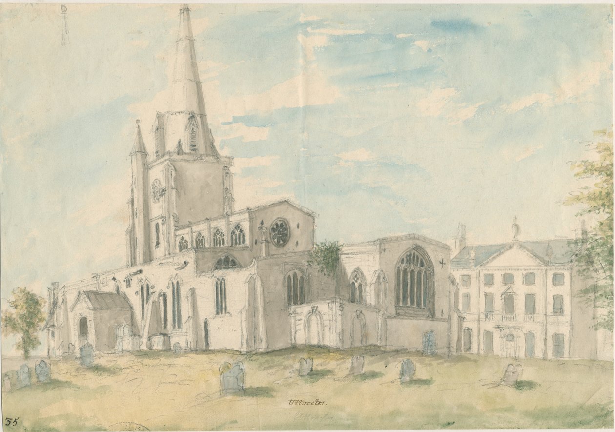 Kościół w Uttoxeter [stary]: malarstwo akwarelowe, bd [1794] autorstwa Stebbing Shaw