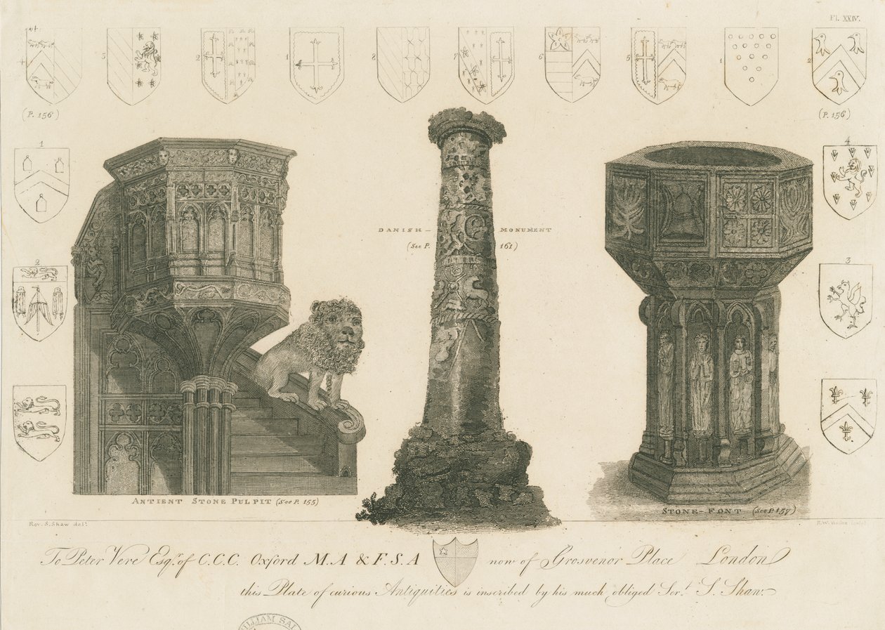 Wolverhampton - Ambona, filar i chrzcielnica w kościele św. Piotra: rycina, bd [ok. 1798] (druk) autorstwa Stebbing Shaw