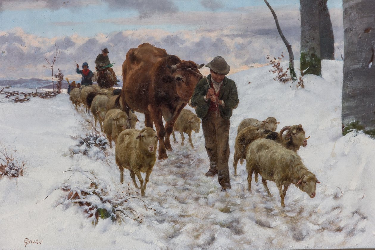 Powrót z Rynku po Śniegu", przed 1877 (olej na płótnie) autorstwa Stefano Bruzzi