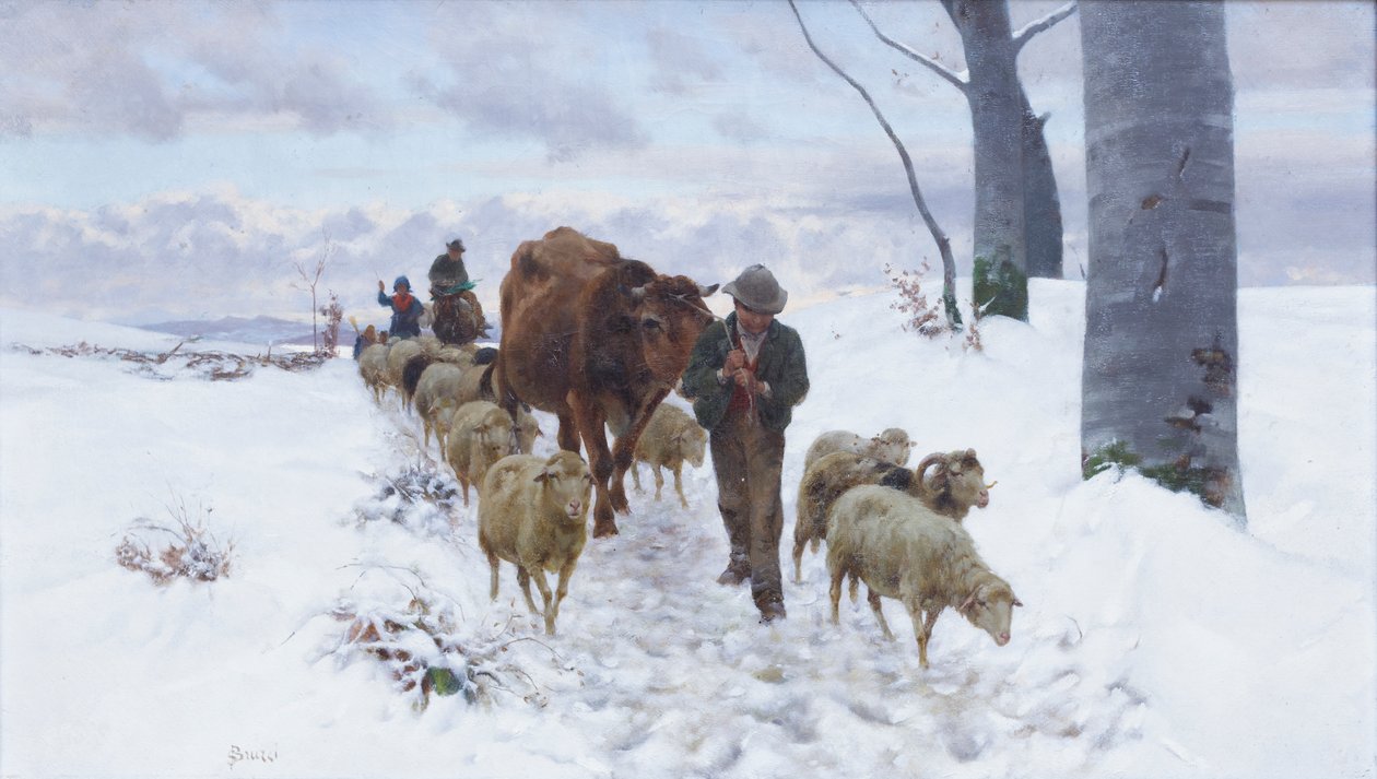 Powrót z targu po opadach śniegu, przed 1877 (olej na płótnie) autorstwa Stefano Bruzzi