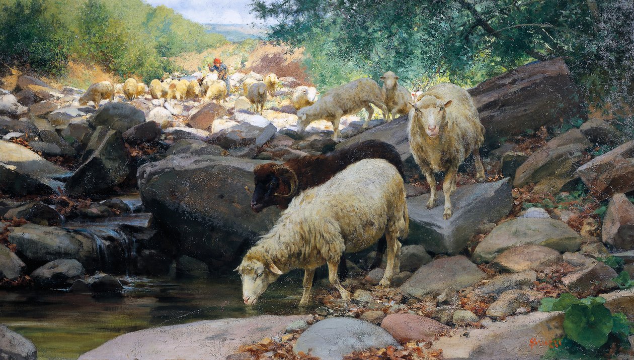 Podlewanie stada w strumieniu Restano, obraz Stefano Bruzzi (1835-1911), Włochy autorstwa Stefano Bruzzi