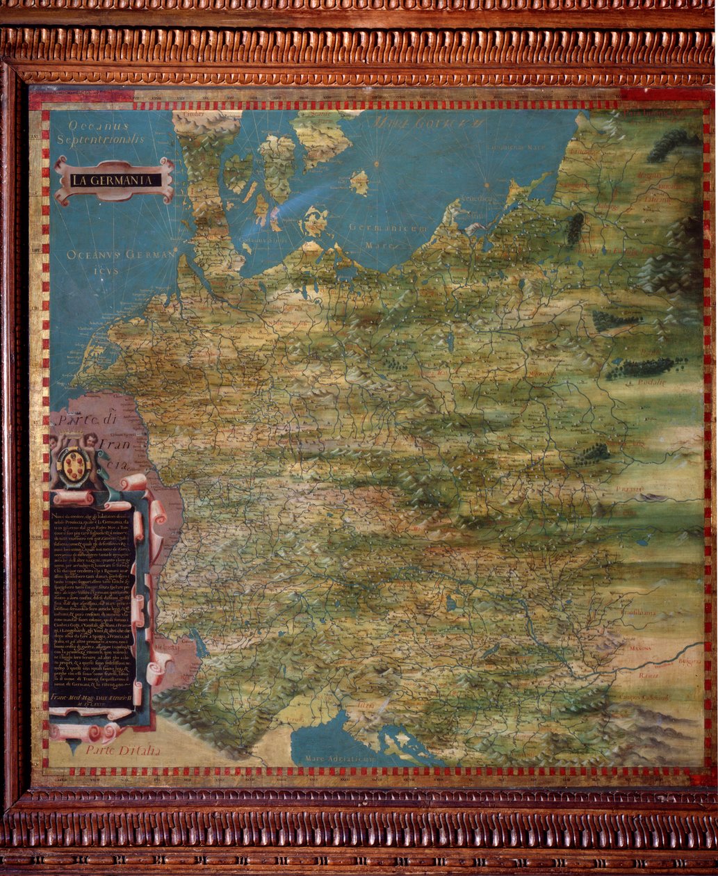 Niemcy Karta wykonana przez Stefano Bonsignori (?-1589) włoski kosmograf i malarz. Około 1581 r. Florencja, Palazzo Vecchio, Sala del Mappamondo autorstwa Stefano Buonsignori