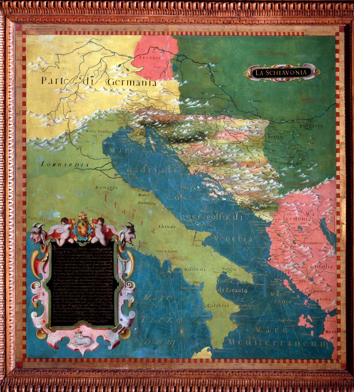 Włochy i Jugosławia (kraje słowiańskie) Mapa wykonana przez Stefano Bonsignori (?-1589) Włoski kosmograf i malarz. Około 1581 r. Florencja, Palazzo Vecchio, Sala del Mappamondo autorstwa Stefano Buonsignori