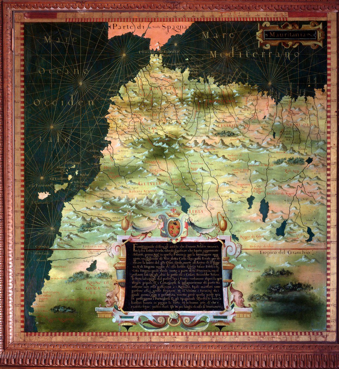 Afryka Północna (Maroko) i Detroit of Gibraltar Mapa wykonana przez włoskiego kosmografa i malarza Stefano Bonsignori (?-1589). Około 1581 r. Florencja, Palazzo Vecchio, Sala del Mappamondo autorstwa Stefano Buonsignori