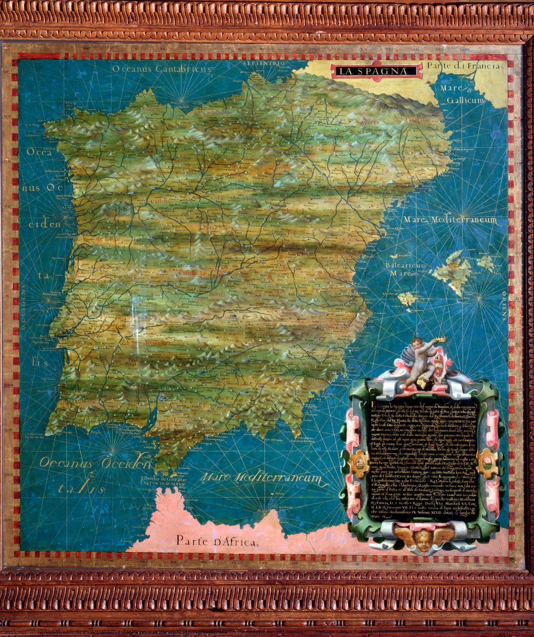 Hiszpania i Portugalia Mapa wykonana przez Stefano Bonsignori (?-1589) włoski kosmograf i malarz. Około 1581 r. Florencja, Palazzo Vecchio, Sala del Mappamondo autorstwa Stefano Buonsignori