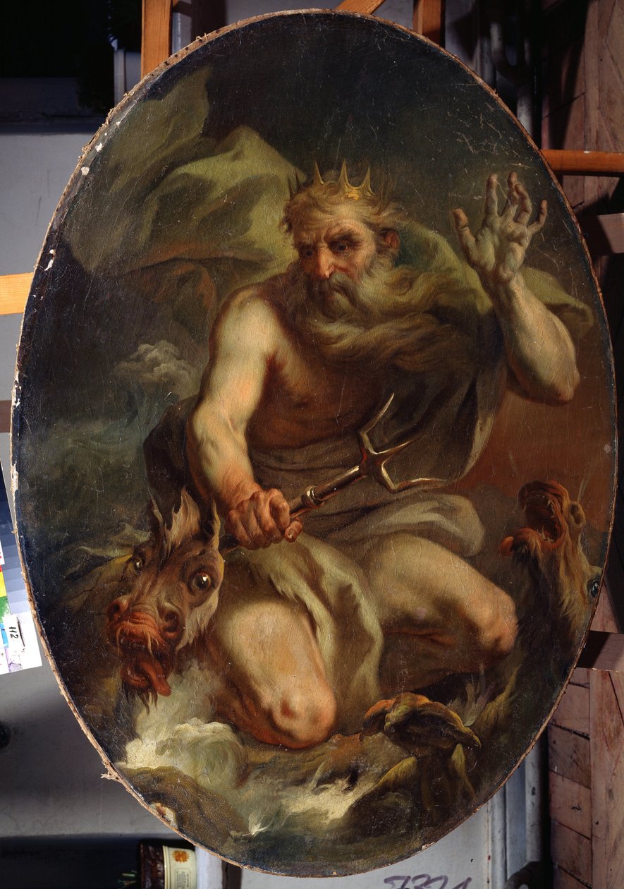 Neptun (Posejdon) z koroną i trójzębem reprezentowany przez morskie potwory (Neptun). Obraz Stefano Torelli (1712-1784). olej na płótnie autorstwa Stefano Torelli