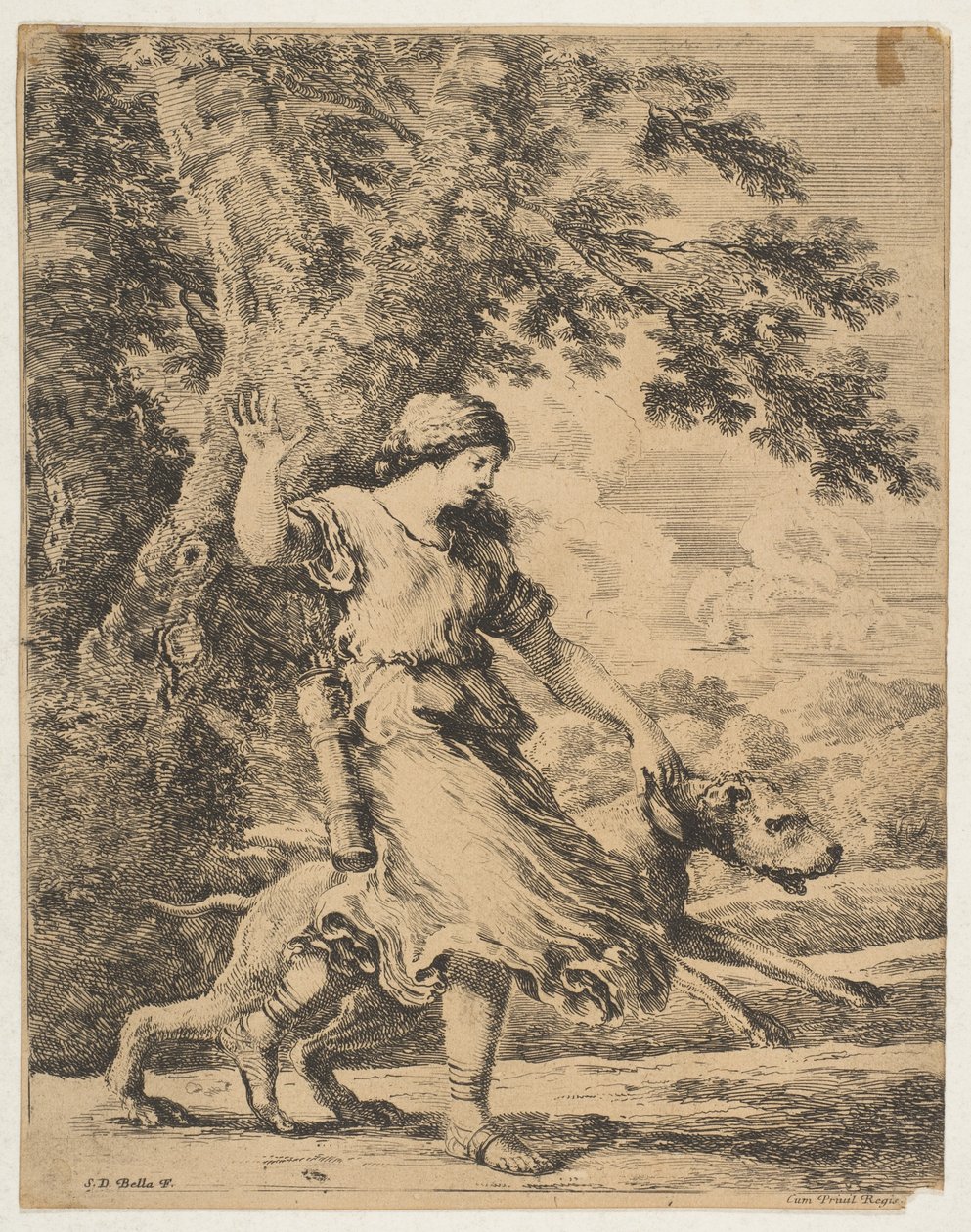 Nimfa trzymająca za obrożę dużego psa, ca. 1654. autorstwa Stefano della Bella