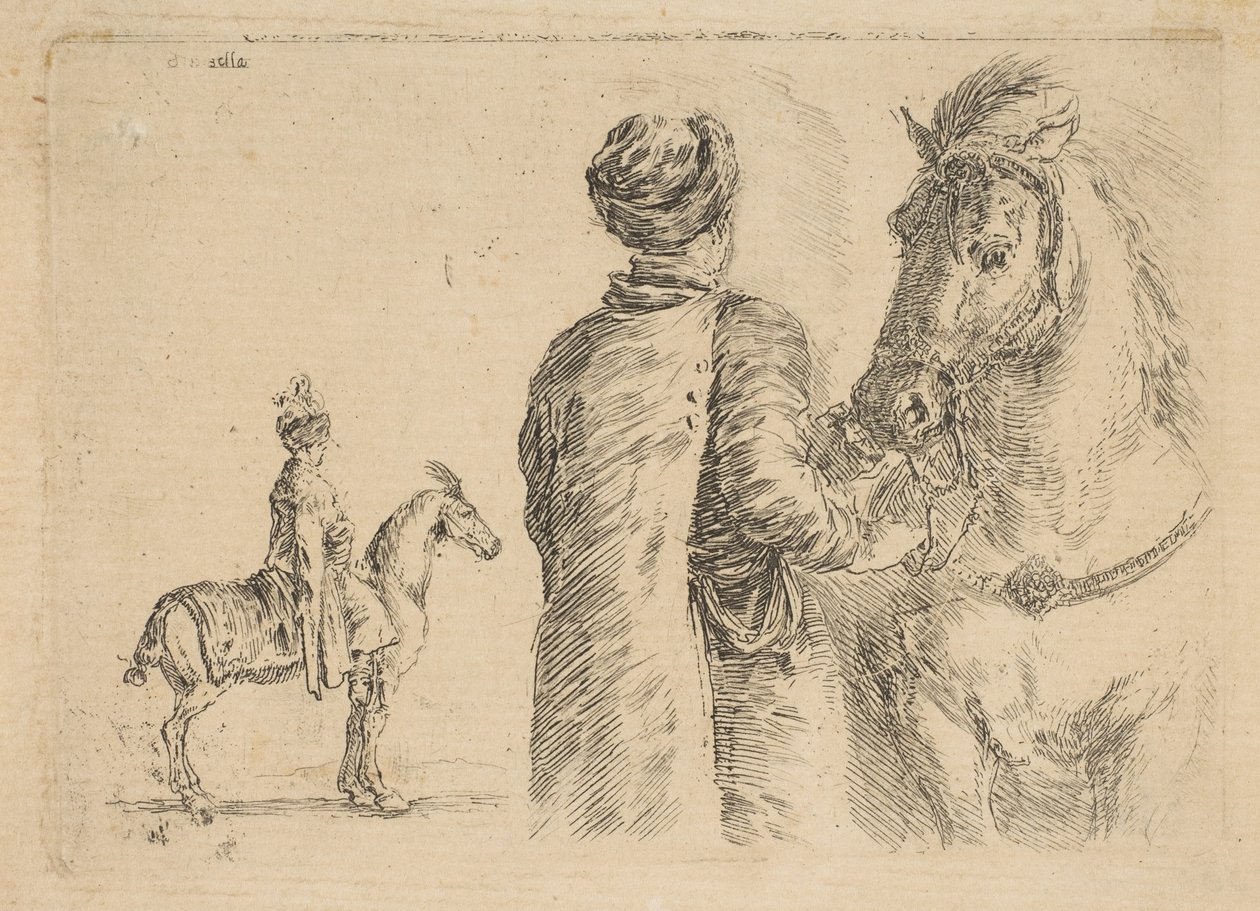 Polski luzak od tyłu trzymający konia za uzdę ok. godz. 1662. autorstwa Stefano della Bella