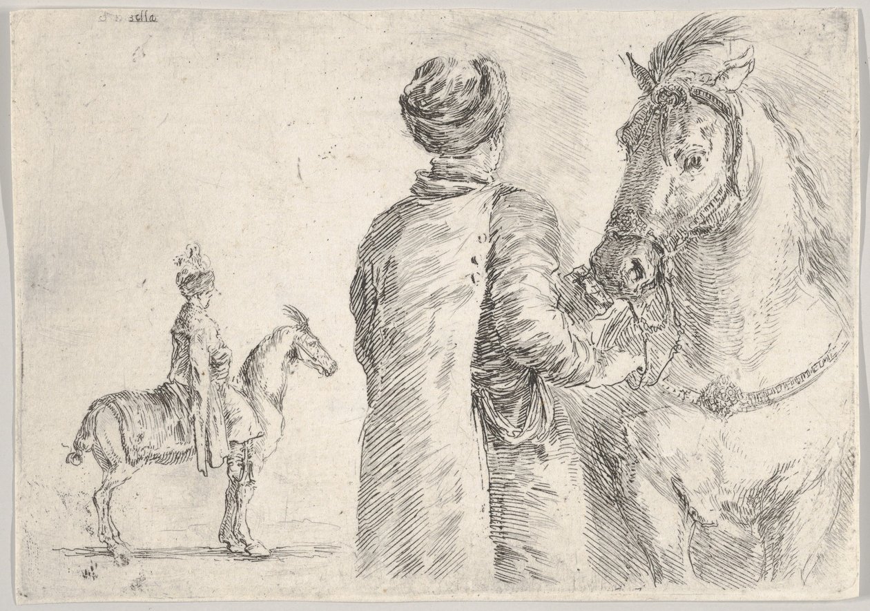 Polski lokaj, widziany z tyłu, trzymający uzdę konia w prawo, polski hor..., ca. 1662. autorstwa Stefano della Bella