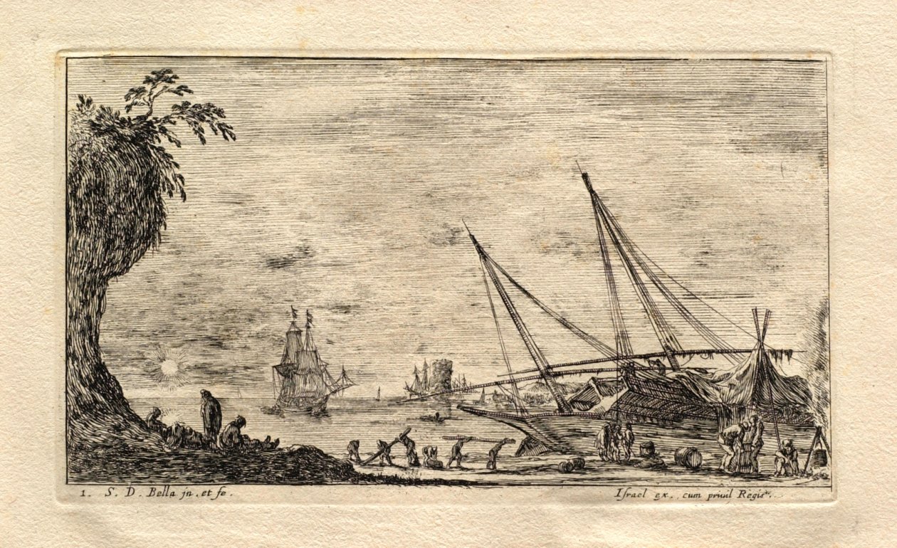 Port morski z zachodem słońca w tle autorstwa Stefano della Bella