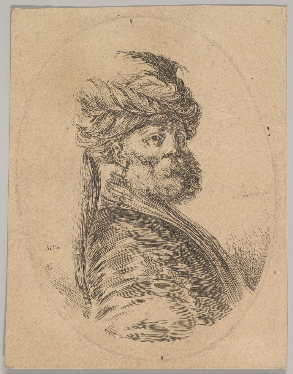 Turek z brodą i turbanem z jednym długim piórem z przodu, skończył trzy czwarte..., 1650. autorstwa Stefano della Bella