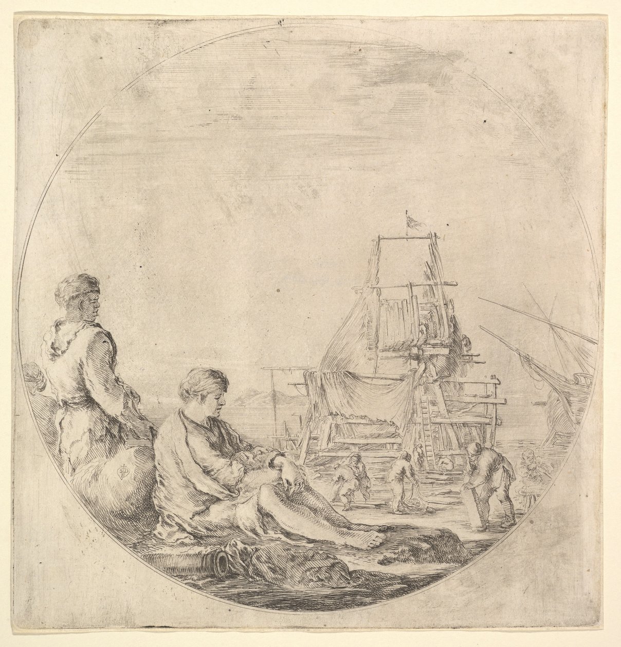 Czarny marynarz stojący po lewej, z profilu po prawej, biały marynarz siedzący w..., ok. godz. 1658-63. autorstwa Stefano della Bella