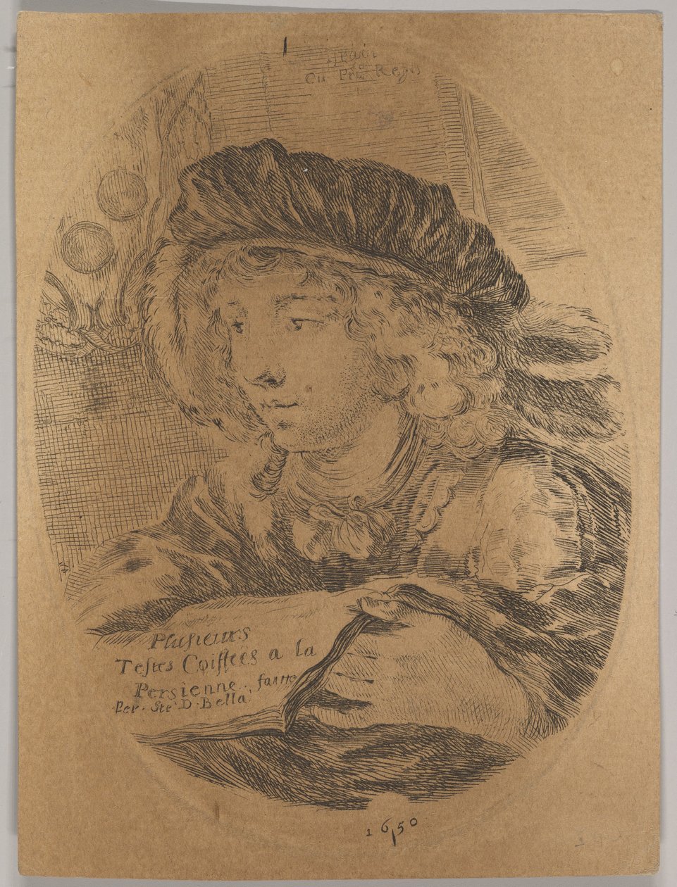 Popiersie młodzieńca w czapce z piórami, zwróconego o trzy czwarte w lewo, ..., 1650. autorstwa Stefano della Bella