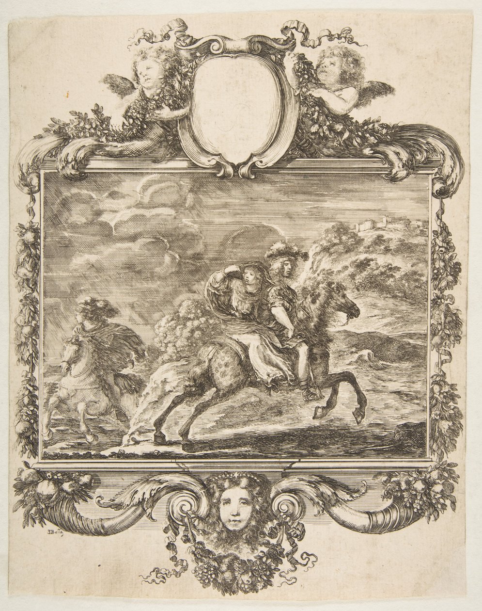 Kawaler i dama na koniu, w ozdobnej obwódce ozdobionej owocami i c..., ca. 1655. autorstwa Stefano della Bella