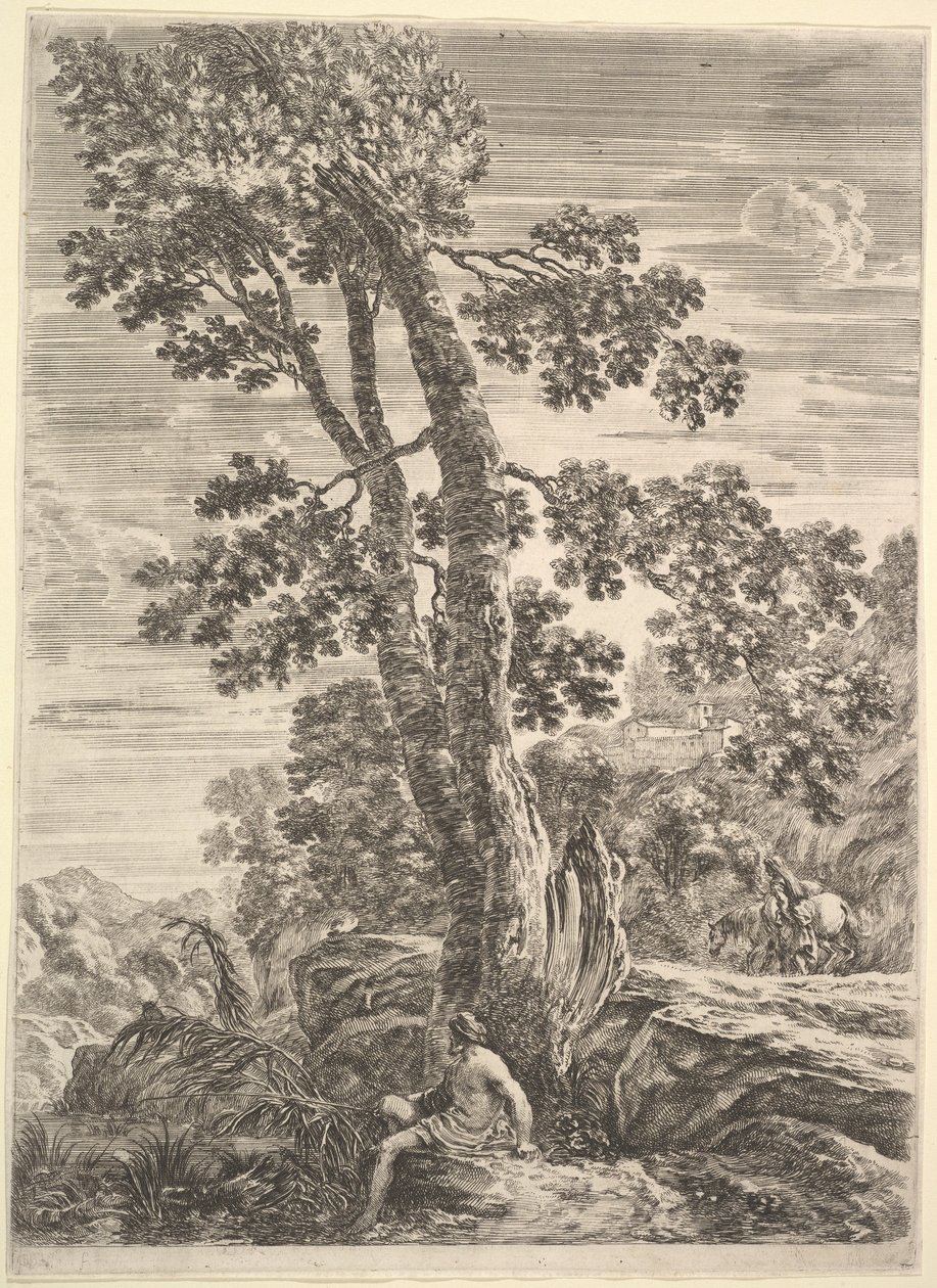 Rybak pośrodku zwrócony w lewo i oparty o duże drzewo, idąca kobieta..., ok. godz. 1652-57. autorstwa Stefano della Bella