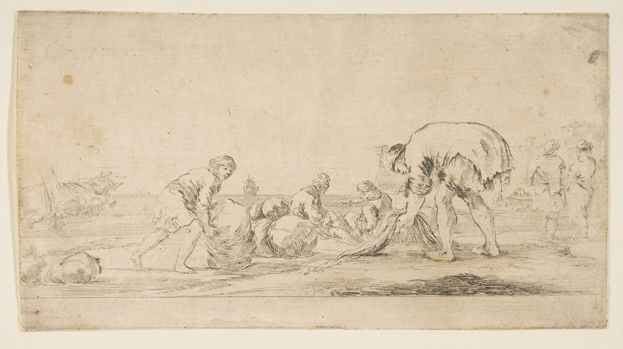 Rybak przynoszący sieci, mężczyzna z lewej przepychający belę w prawo, dwa miejsca..., ca. 1662. autorstwa Stefano della Bella