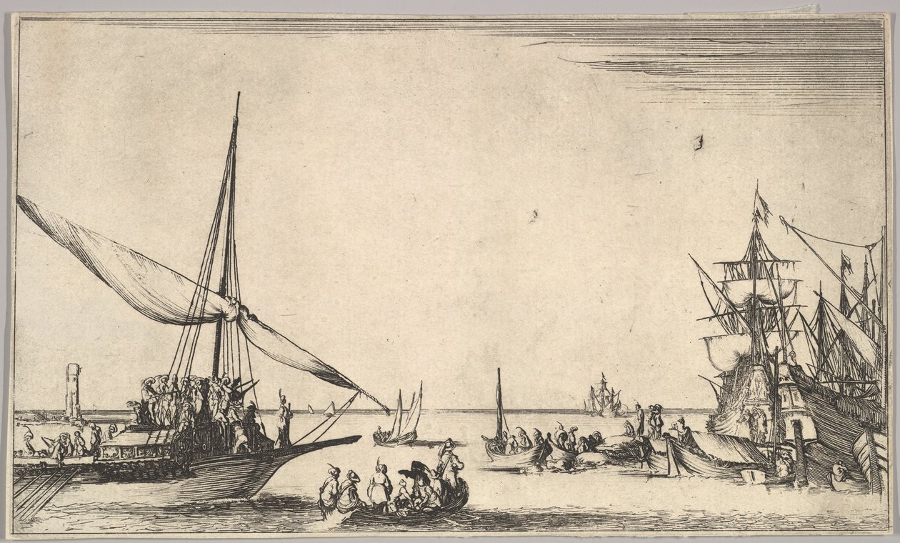 Galera przybywająca do portu po lewej, kilka łodzi wiosłowych pośrodku, statki w lewym dolnym rogu, od..., 1639. autorstwa Stefano della Bella