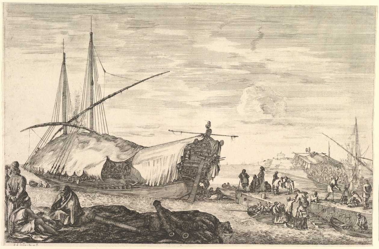 Galeja pokryta żaglami, z cyklu „Widoki portu w Livorno” (Vues du port de Livourne) autorstwa Stefano della Bella