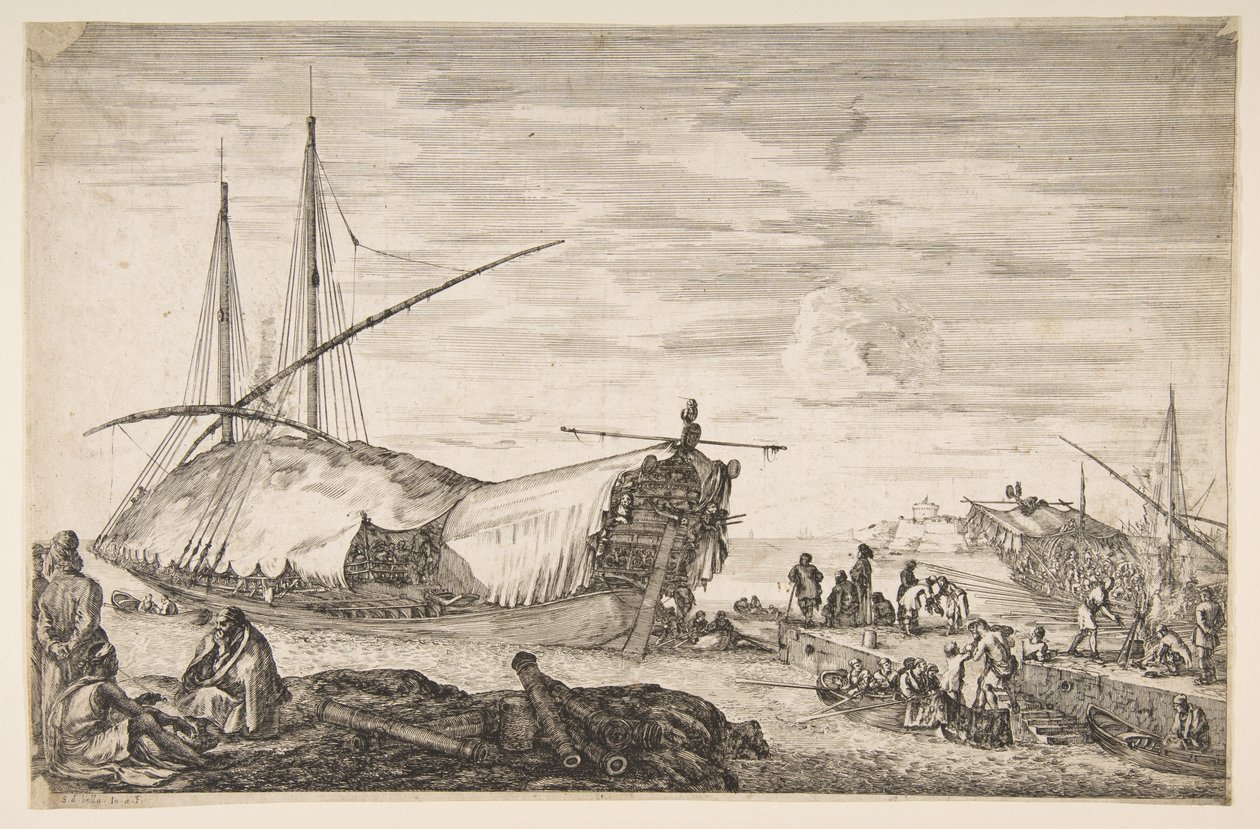 Kuchnia okryta żaglami po lewej, na pierwszym planie sześć armat i cztery osoby, jedna..., 1655. autorstwa Stefano della Bella
