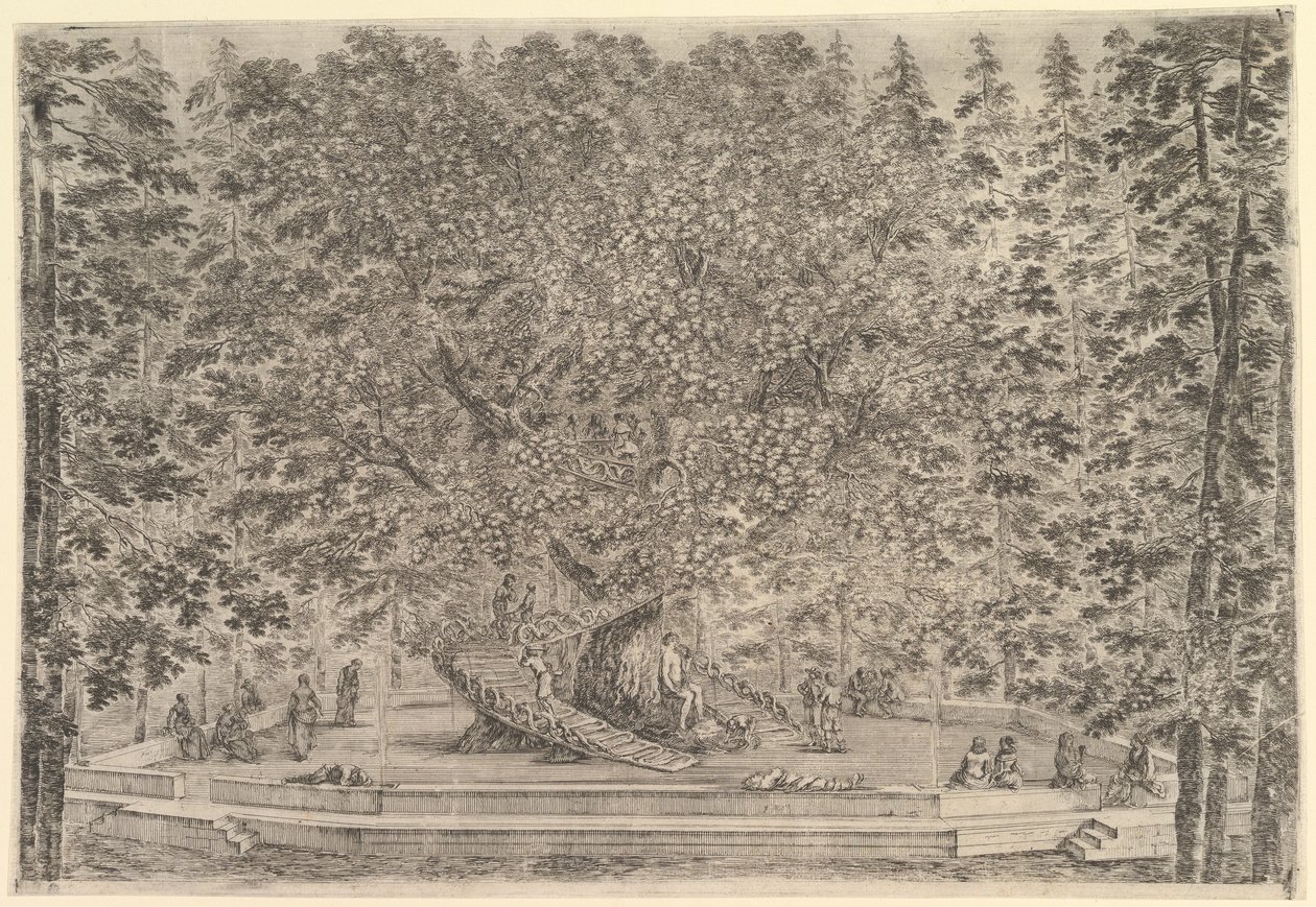 Duże, zamieszkałe drzewo pośrodku z rampami prowadzącymi wokół pnia, pod kamienną pa…, ca. 1653. autorstwa Stefano della Bella