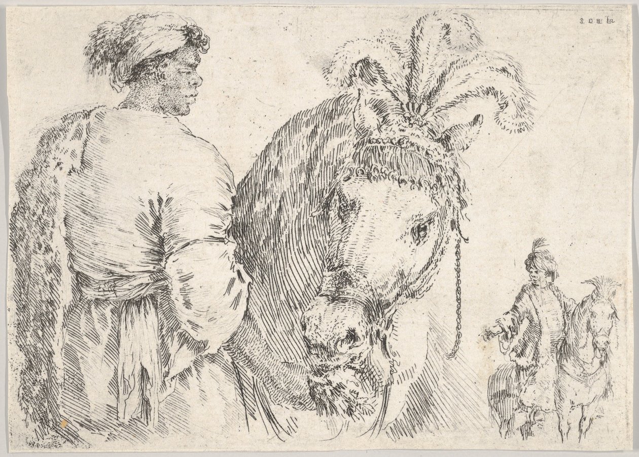 Mężczyzna po lewej z profilu dający garść siana koniowi pośrodku, jeździec do..., ca. 1662. autorstwa Stefano della Bella