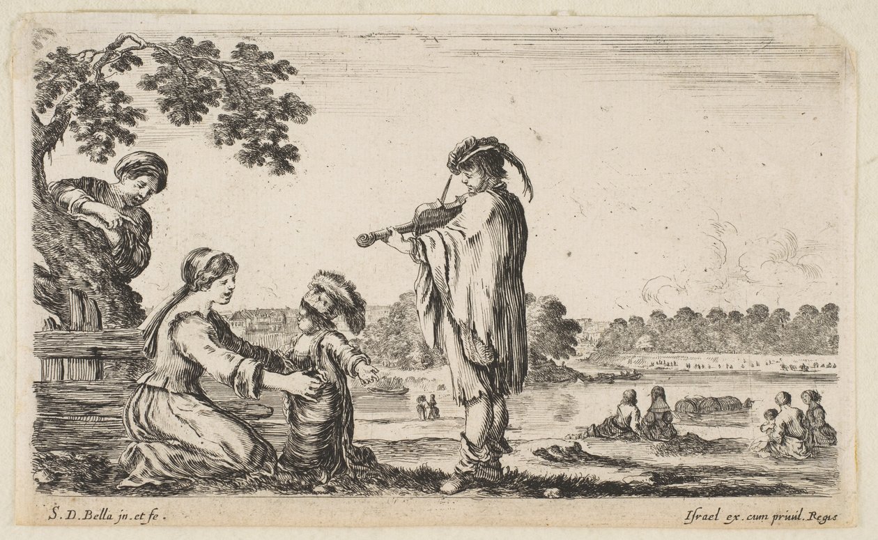 Mężczyzna grający na skrzypcach w centrum, zwrócony w lewo z profilu, siedząca kobieta do…, 1649. autorstwa Stefano della Bella